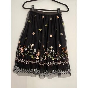 Black‎ Tulle Embroidered Floral Midi Skirt Women's Size 0